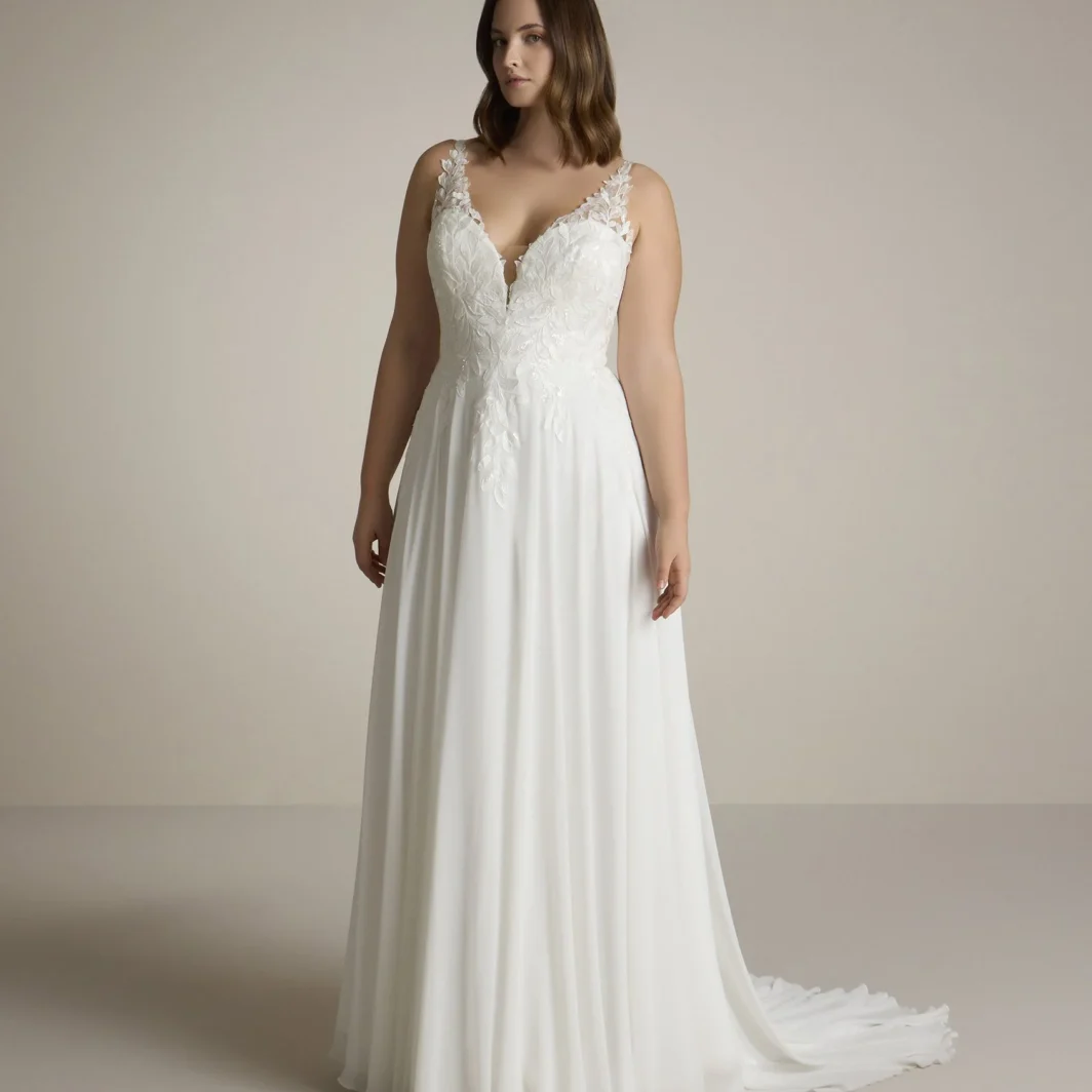 Daria - fließendes Brautkleid mit Blätterspitze und breiten Trägern